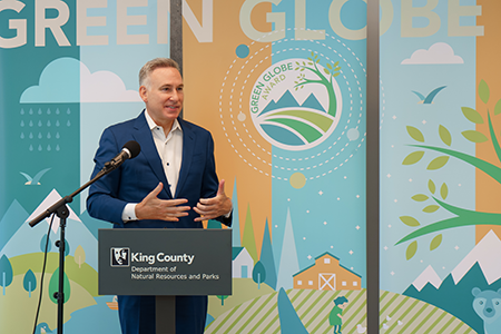 Click or tap to enlarge: Executive Dow Constantine speaking at the Green Globe Award Ceremony