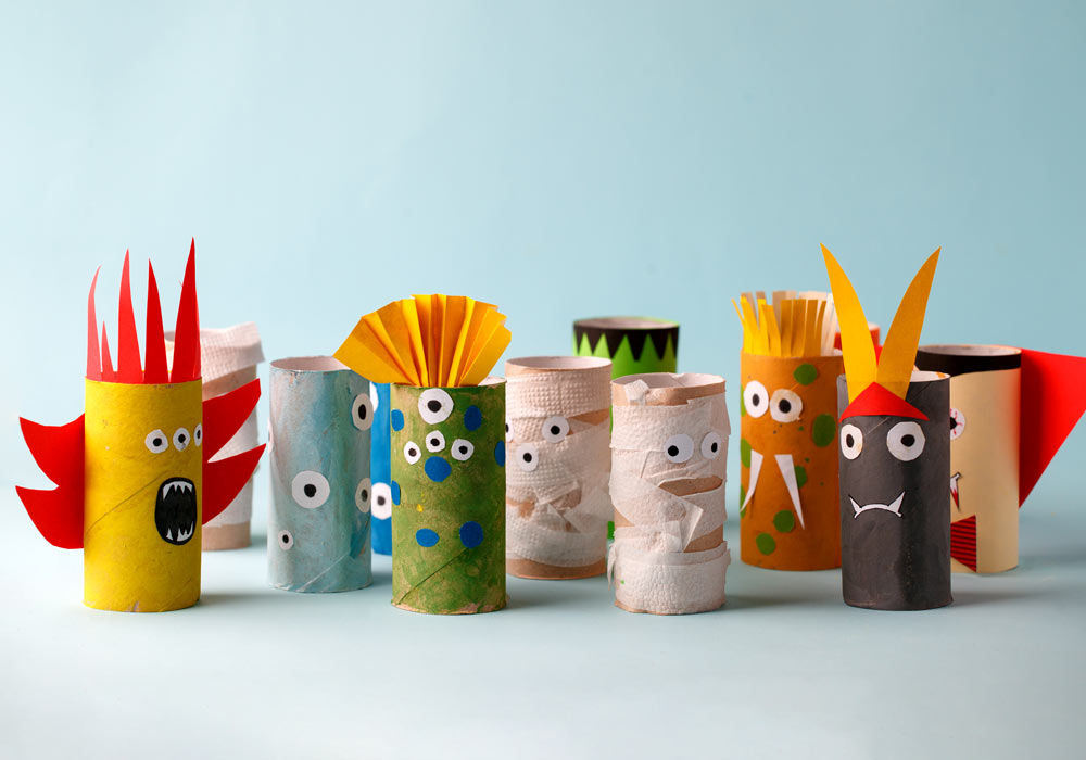 image of Halloween monsters made out of empty tissue paper rolls