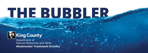 a wave of water with the phrase "THE BUBBLER" on top and below the surface is the King County logo with department & division (Natural Resources & Parks, Wastewater Treatment Division) 