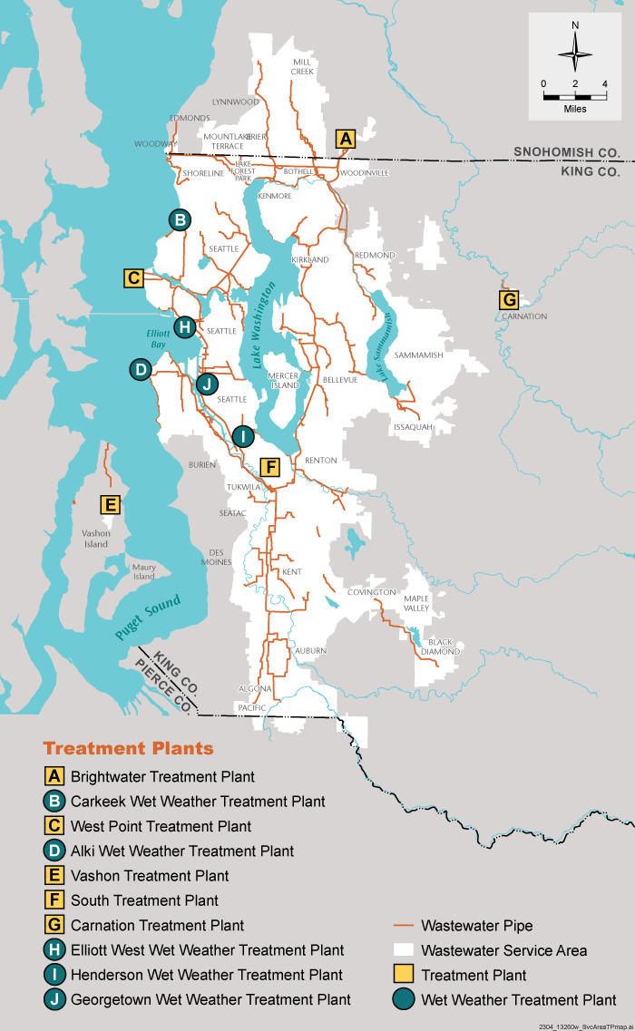 King County wastewater service area map displaying wastewater pipes, treatment plants and wet weather treatment plants