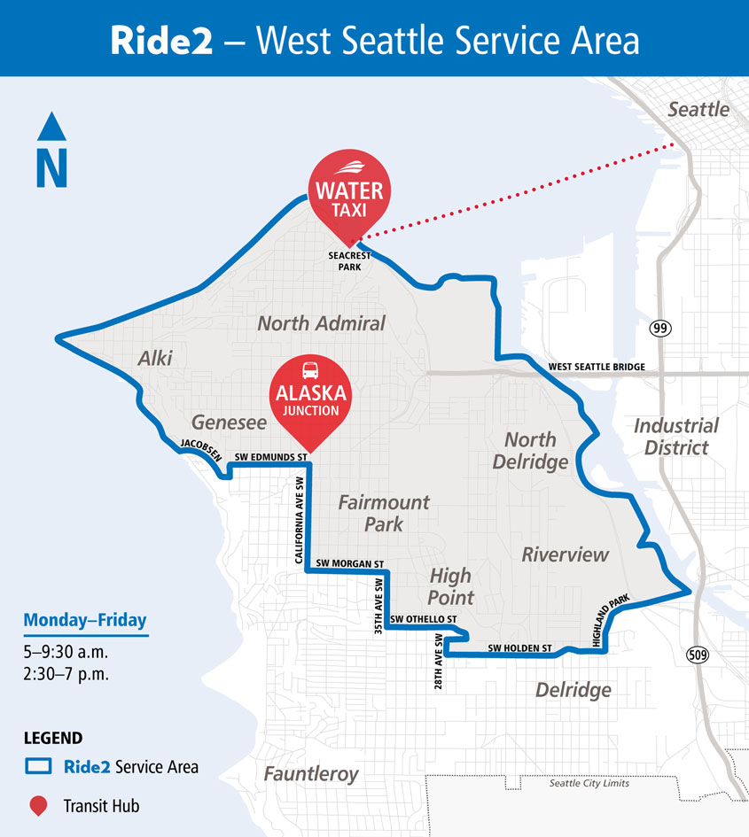 A map showing the Ride2 service boundaries in West Seattle.