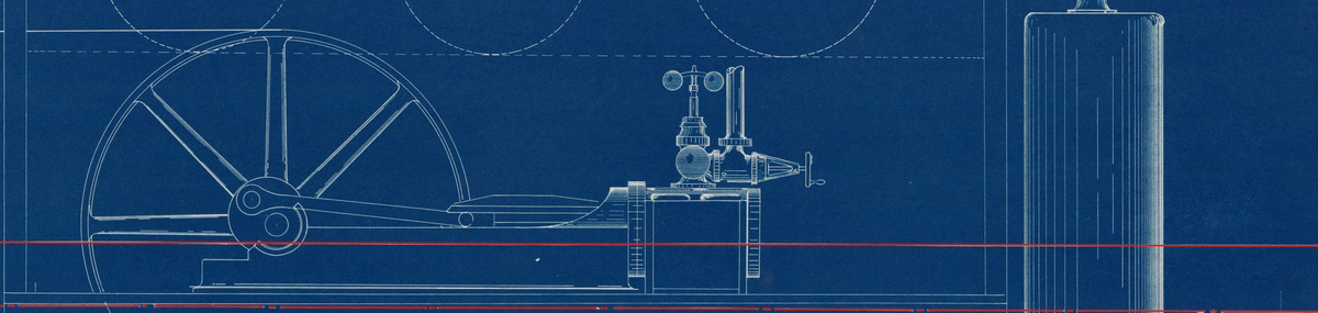 White-line drawing on blue paper of a mill wheel