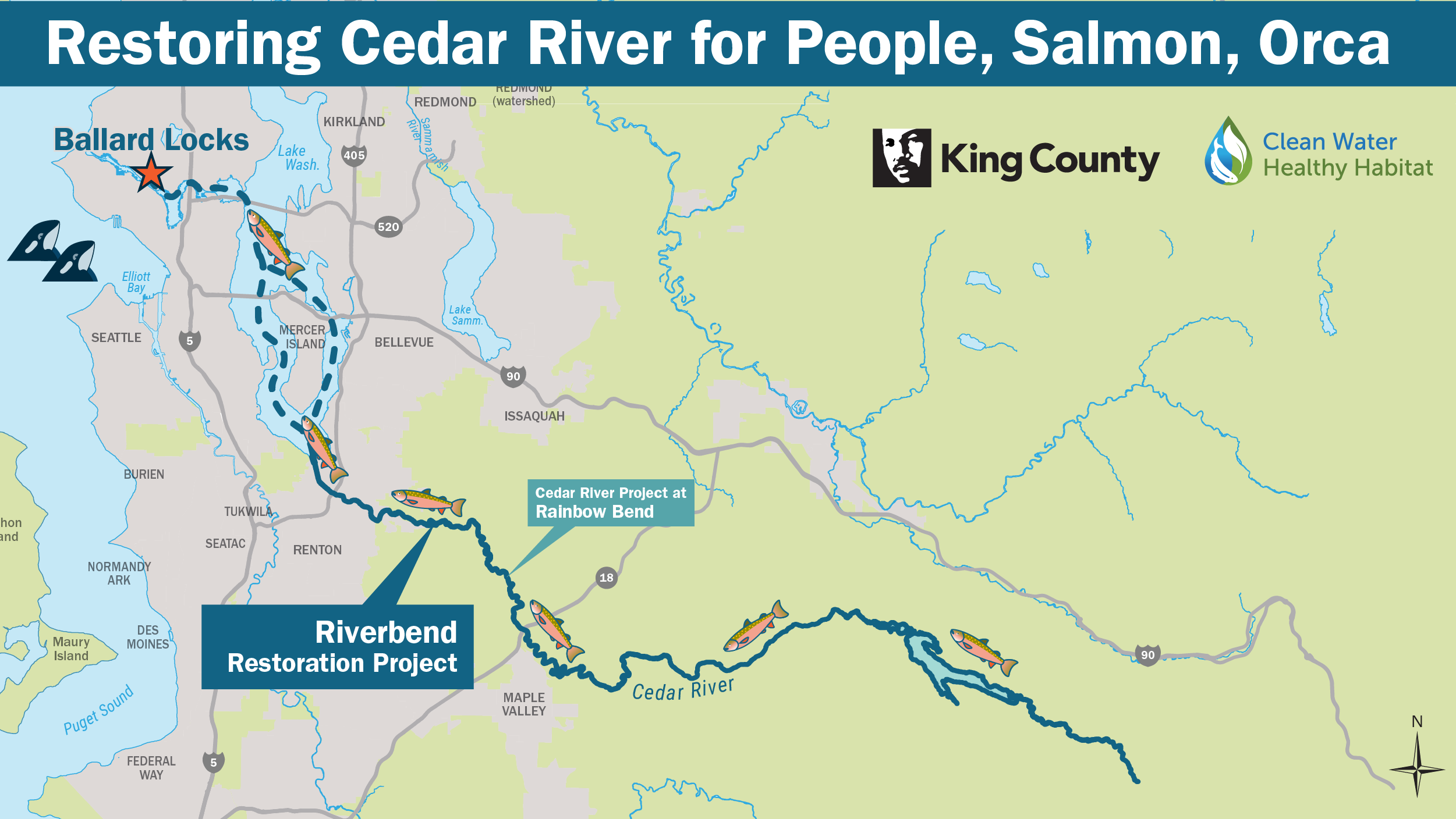 Map showing the location of the Riverbend Restoration Project on the Cedar River between Renton and Maple Valley - click, tap or enter to show a larger map