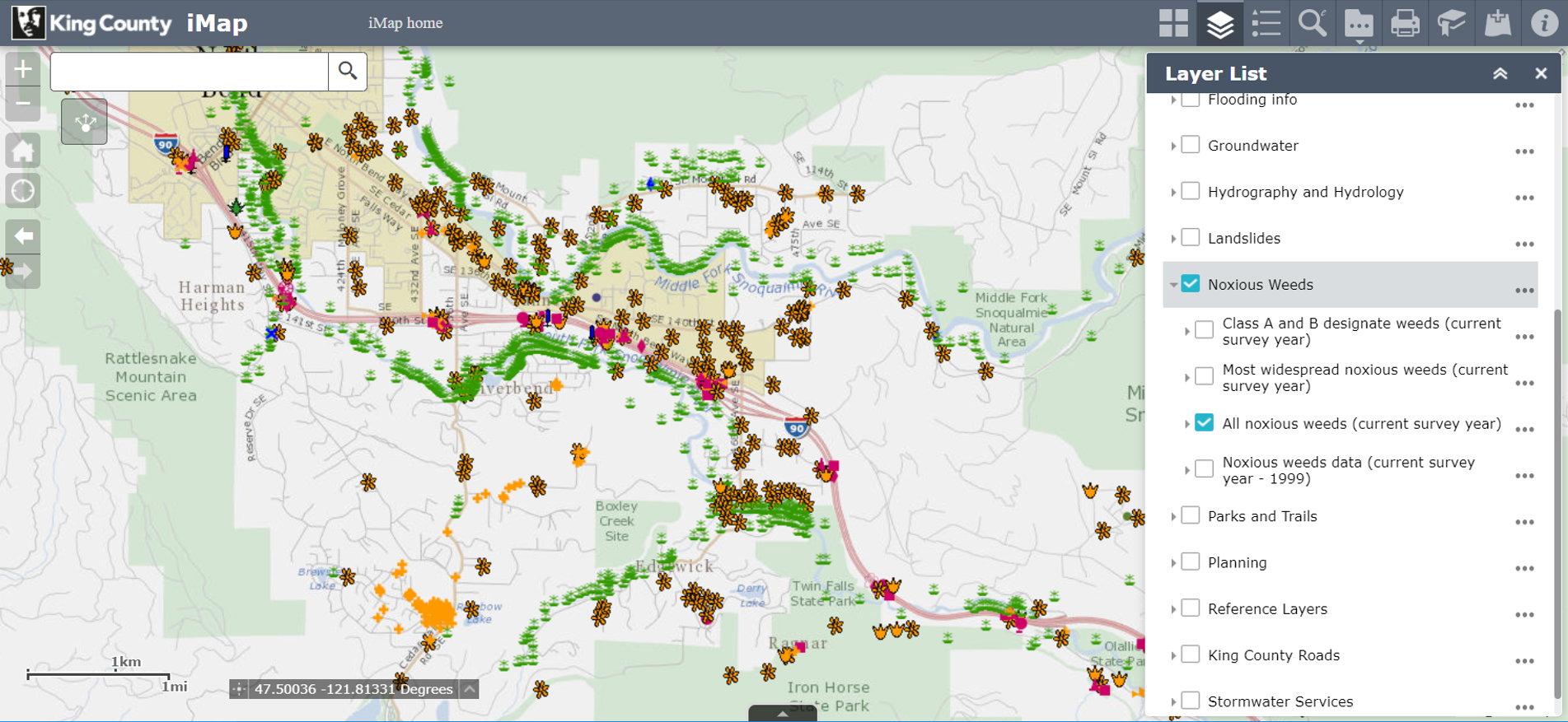 King County iMap Noxious Weeds Layer Screen Shot - click for map page