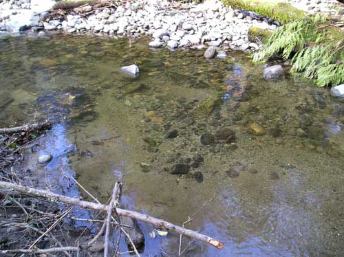 Photo showing sand, gravel, and rock at bottom of Miller Creek at 2007 pipeline repair