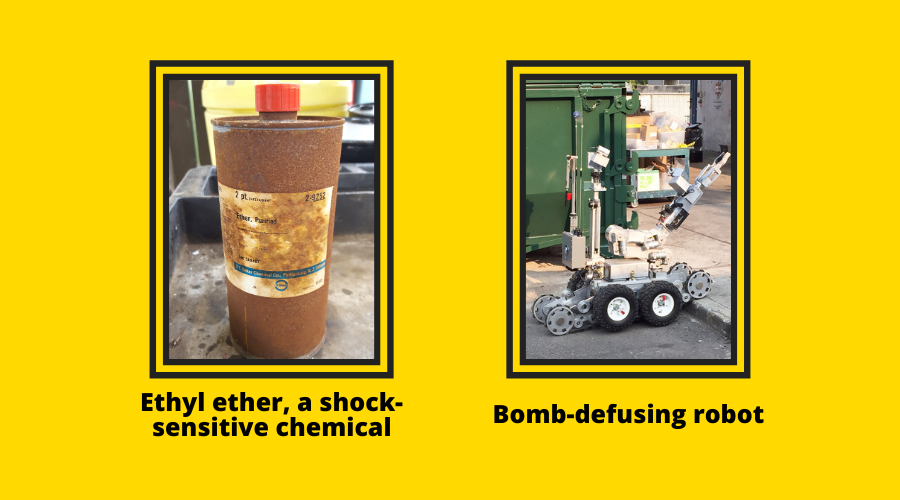 A bottle of ethyl ether, a shock sensitive chemical, next to a photo of a bomb-defusing robot