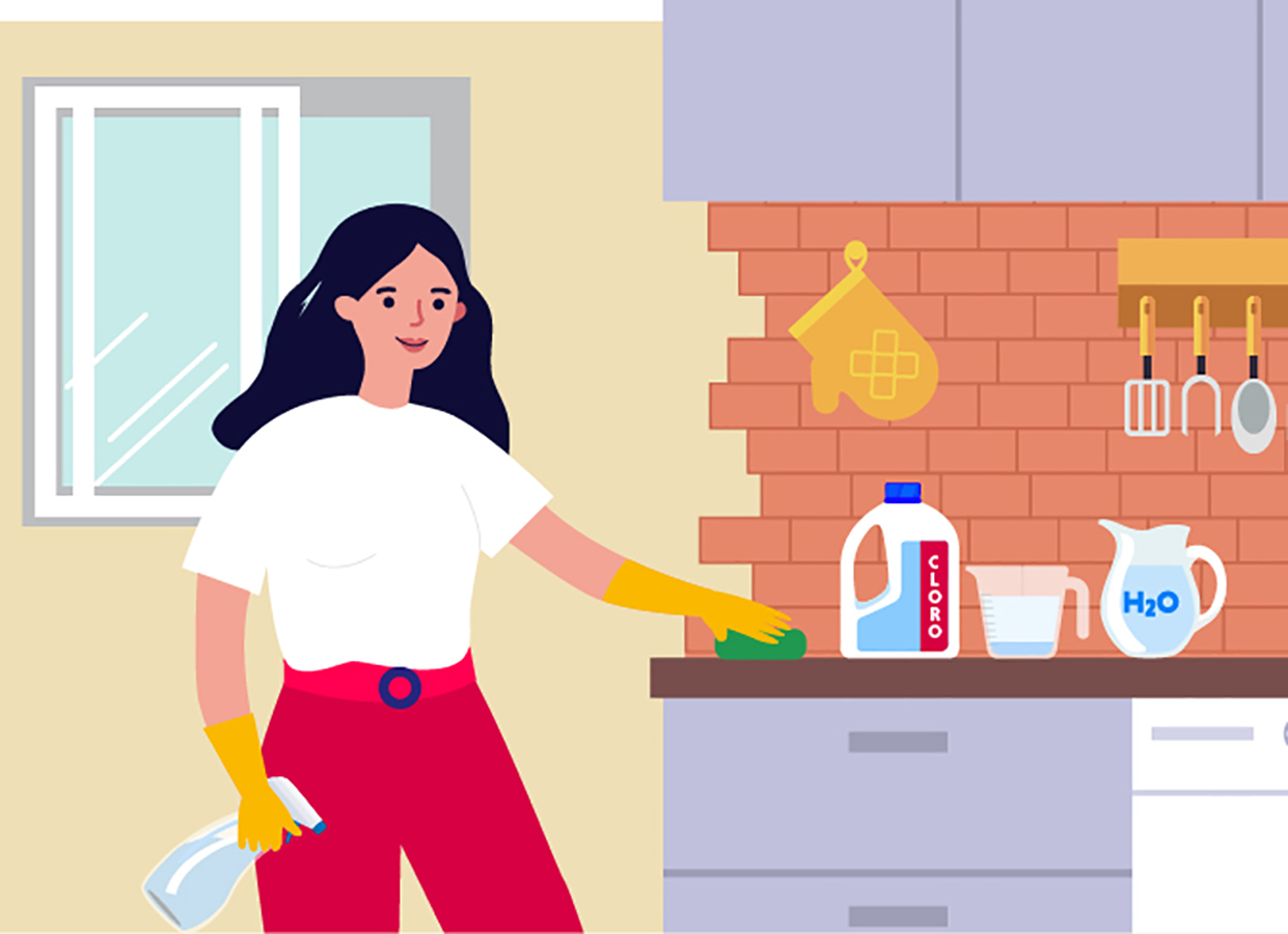Illustration of Super-Mom cleaning the kitchen safely with bleach