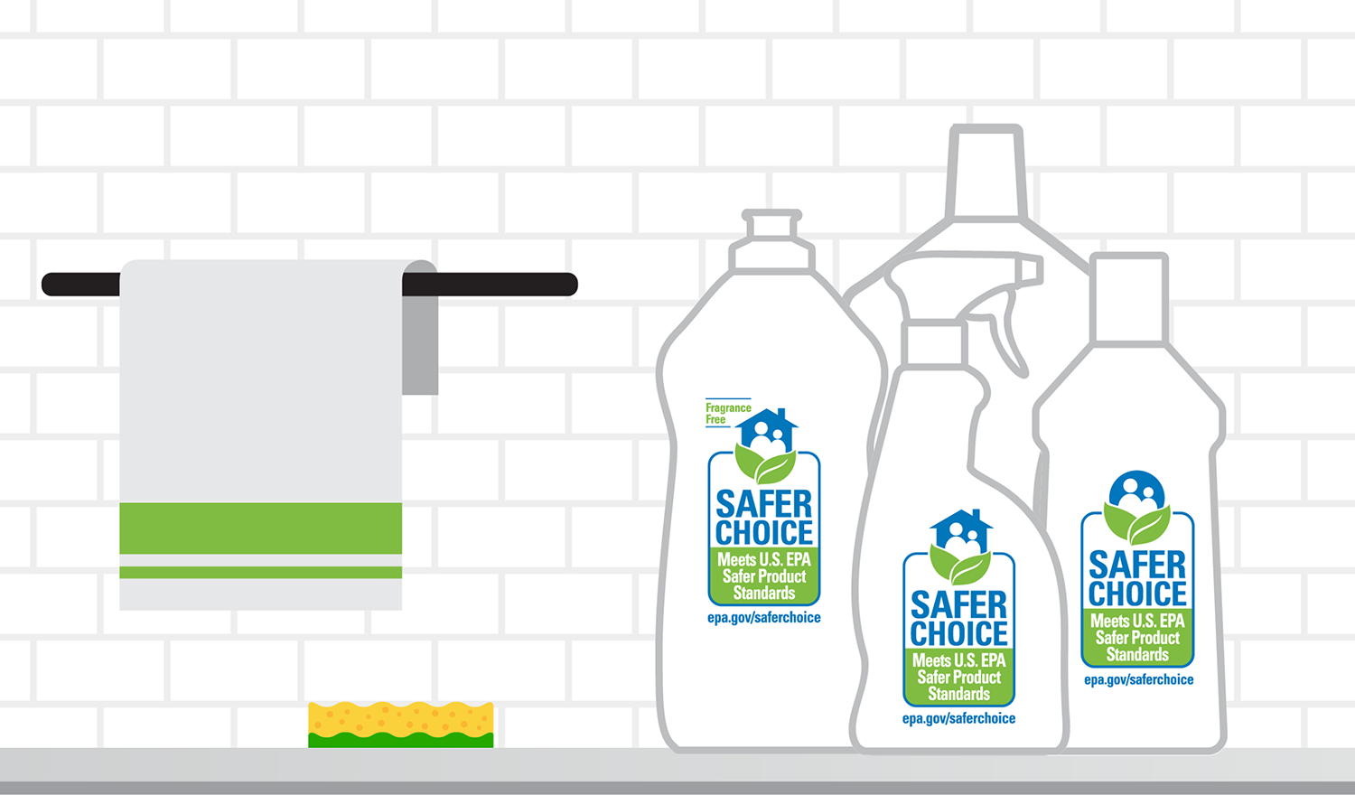 Illustration of cleaning products with the Safer Choice logo sitting on a countertop next to a sponge and towel rack