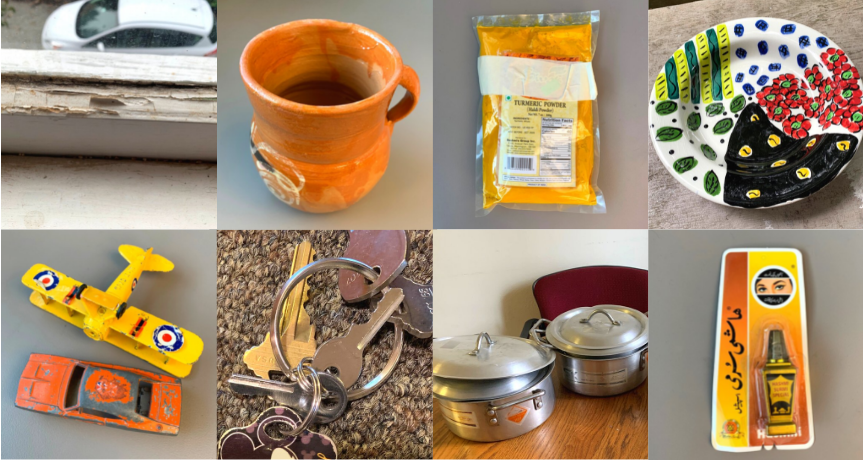 A photo collage of chipped window paint, plate, turmeric, a cup, chipped toys, keys, eyeliner, and cooking pots