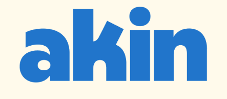 blue lowercase letters reading "akin"