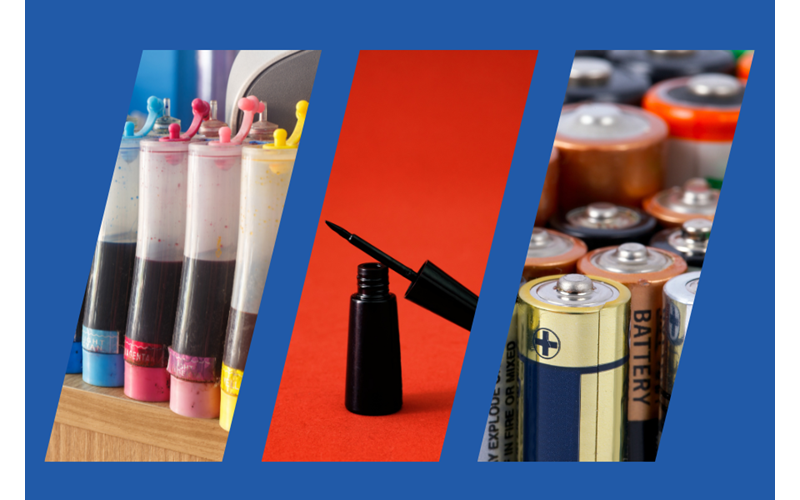 A graphic display of three images on a blue background of makeup, cosmetic products, and batteries