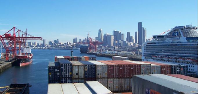 Seattle skyline with buildings and docks