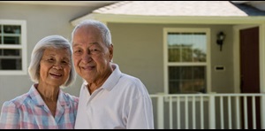 Senior couple smiling in front of house