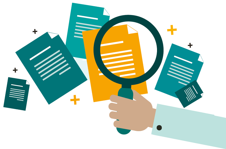 Hand holding a magnifying glass, surrounded by various documents.