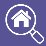 Icon of a house viewed through a magnifying glass.