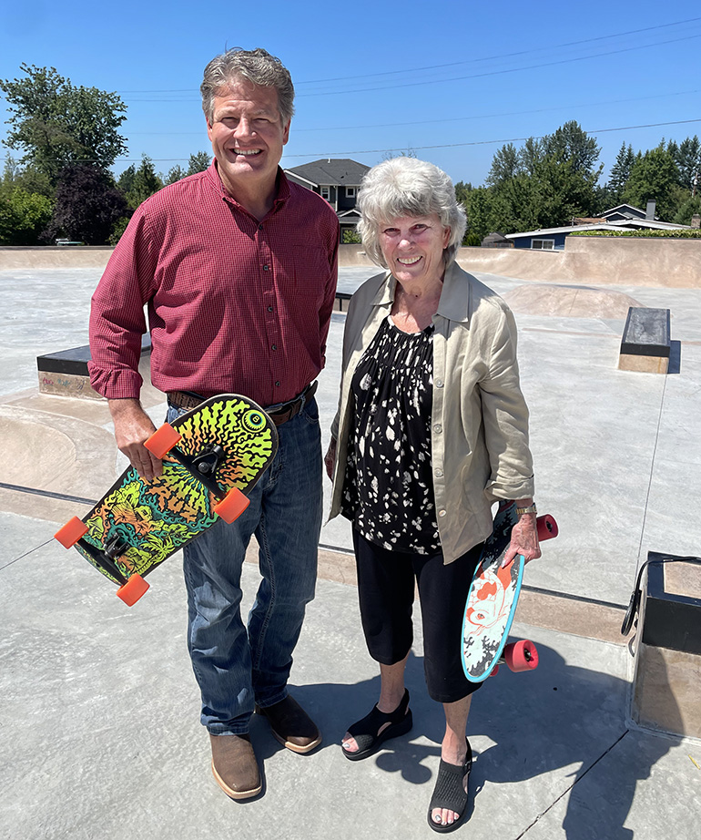 King County Councilmember Reagan Dunn and Black Diamond Mayor Carol Benson at the newly completed Black Diamond Skatepark.