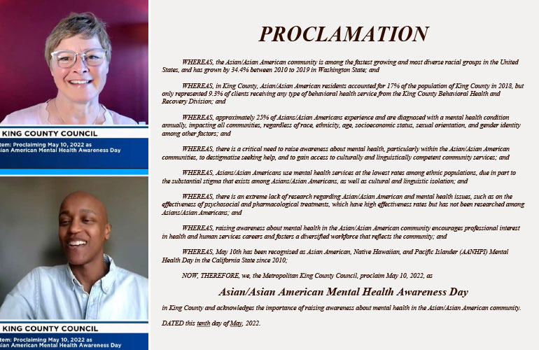 Councilmembers Perry and Zahilay at virtual meeting alongside the proclamation text.