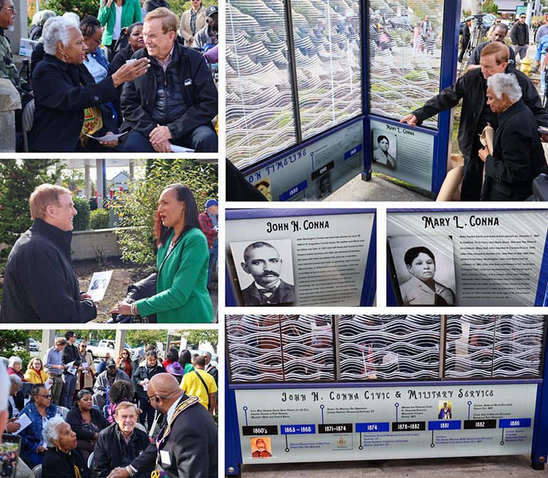 Dedication of bus stop with display of John and Mary Conna.