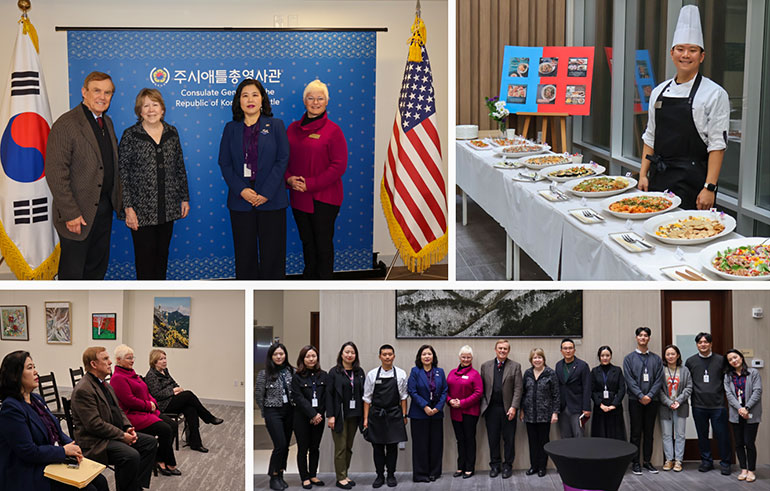Consulate General of the Republic of Korea in Seattle group photos and buffet table.