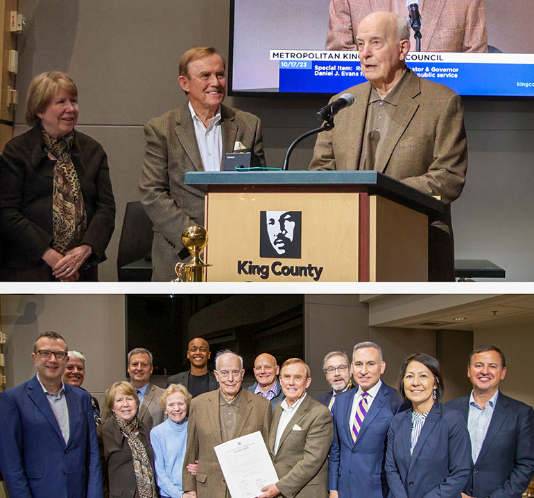 Dan Evans speaks at the podium in Council chambers.