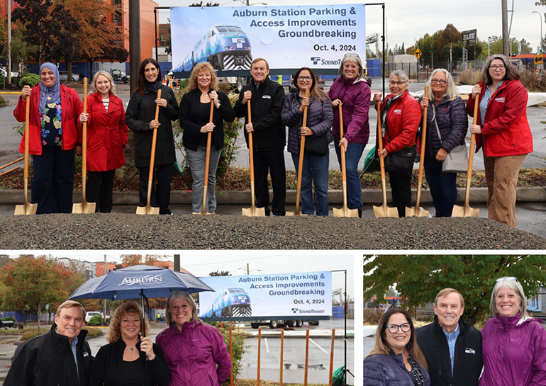 Group in a row holding shovels, in front of Auburn station Parking & Access Improvements Groundbreaking sign.