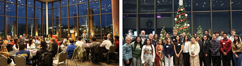 Group seated with speaker at the front of the room, and group in front of Christmas tree.