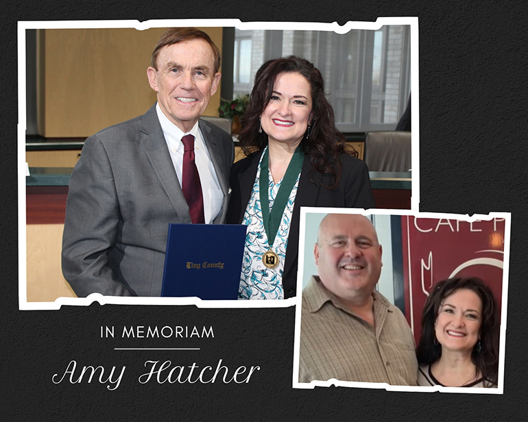 In memoriam Amy Hatcher, with a collage of 2 photos: a man and woman receiving an award, and a couple smiling.