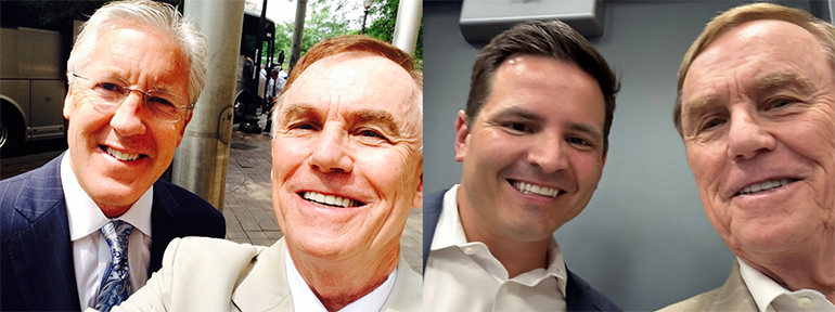A collage of two photos with two men in the left panel and two men in the right panel taking selfies.