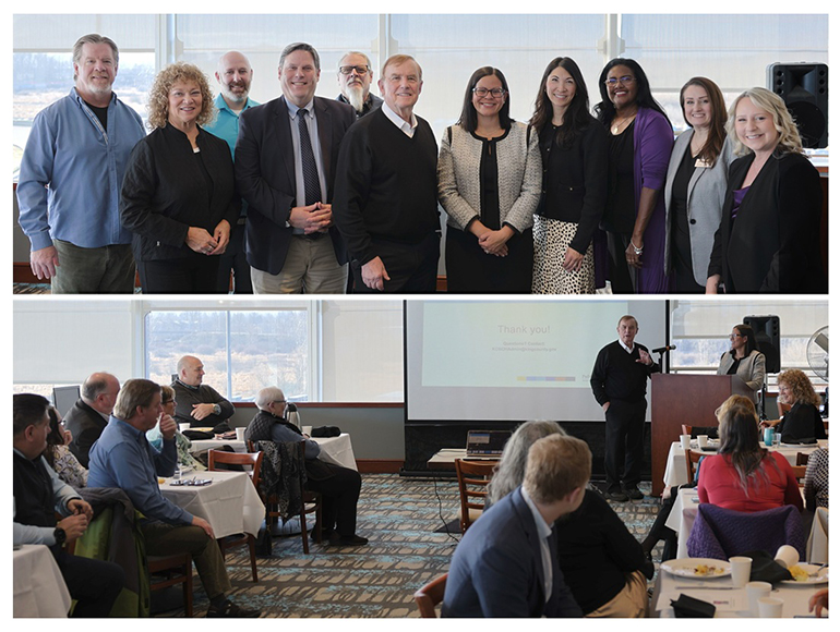 Top: A group of people posing for a photo. Bottom: A man presents to a group of people seated at tables.