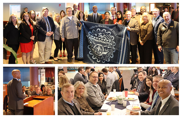 A collage of three photos. Top Large group holding a blanket. Bottom left Person speaking at a podium. Bottom right People seated at tables with food.