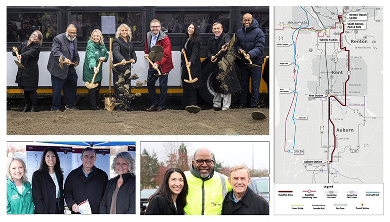 Group of people at a groundbreaking ceremony with shovels, a map of transit routes, and two smaller groups of people posing for photos.