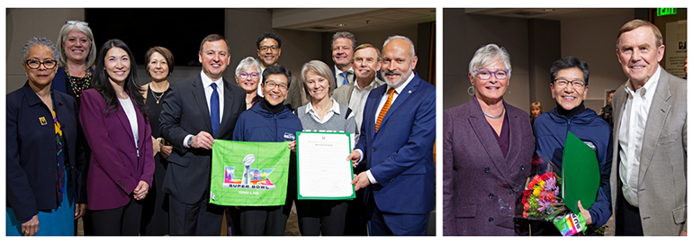 A group poses with a green flag and certificate, while another photo features three smiling individuals, two with a green folder and a bouquet.