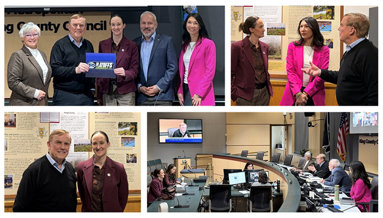 A collage of 4 images depicting people in formal and informal settings, featuring group photos, discussions, and meetings.