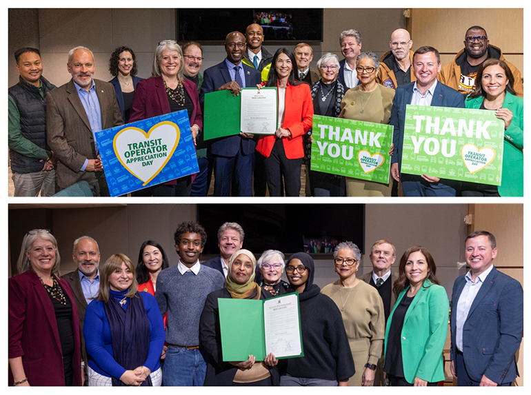 A group of people pose for a photo holding signs that say, "Transit Operator Appreciation Day" and "Thank You".