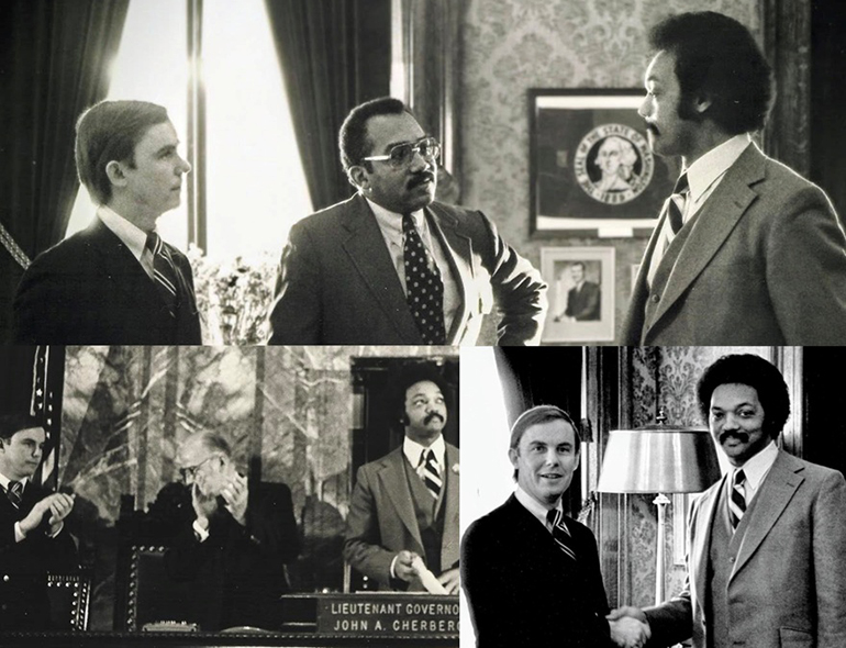 A collage of 3 photos with 3 men in suits with a State of Washington seal behind; 3 men seated at a legislative session; & two men in suits.