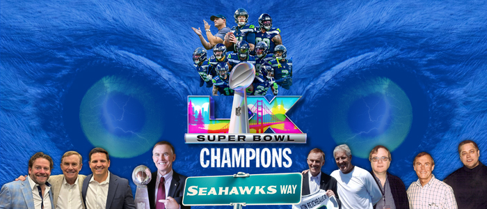 Seattle Seahawks Super Bowl 60 champions are celebrated with a Lombardi Trophy & a Seahawks Way sign, with players & men holding trophies.