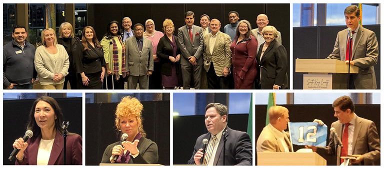 A collage of images shows groups of people posing for photos, and individuals speaking at a podium.