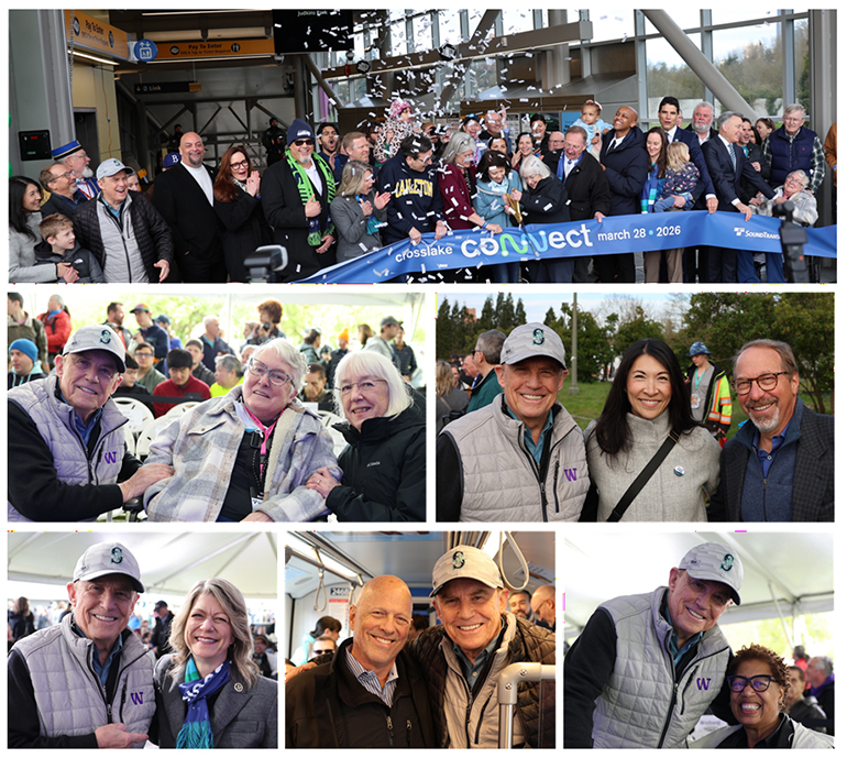A collage of photos showing people at a public ribbon cutting ceremony. The other photos show groups of people smiling and posing for pictures.