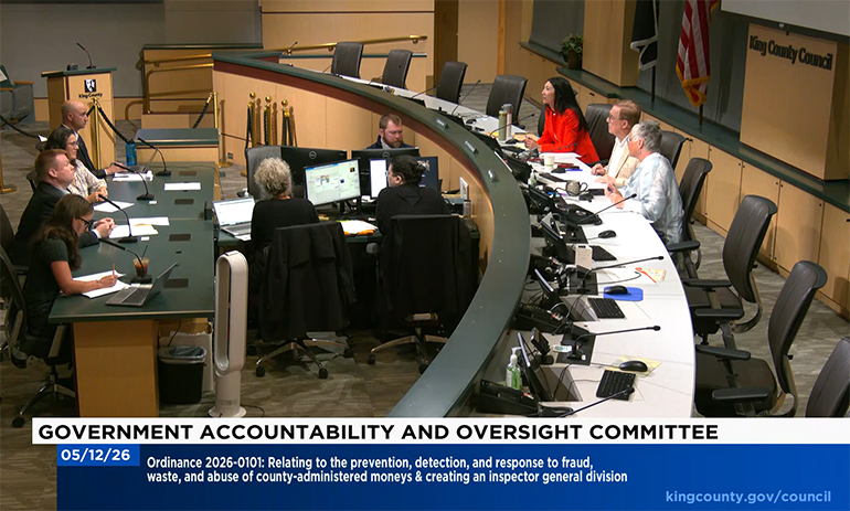 A photo of the meeting of the May 12 Government Accountability and Oversight Committee in the Council Chambers.
