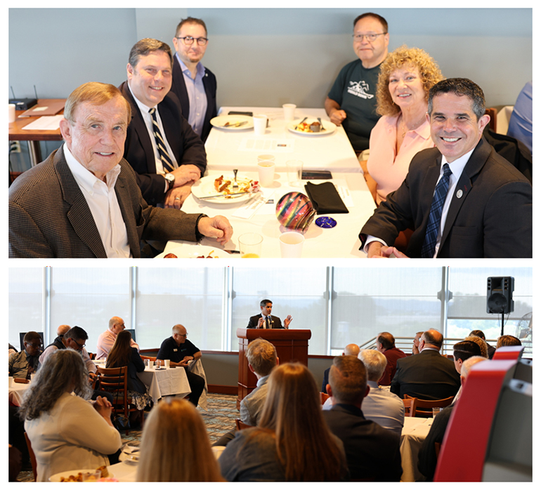 2 images of a group: one highlights South King County elected officials & the other features Pierce County Exec. Mello speaking to attendees.