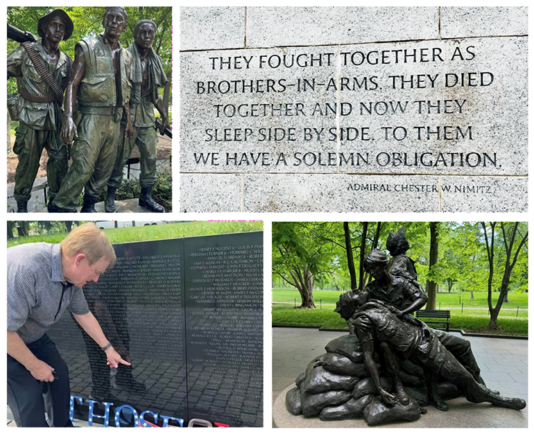 4 images with Councilmember von Reichbauer pointing to Vietnam Memorial Wall, a soldier statue, an etched quote & a sculpture of grieving women.