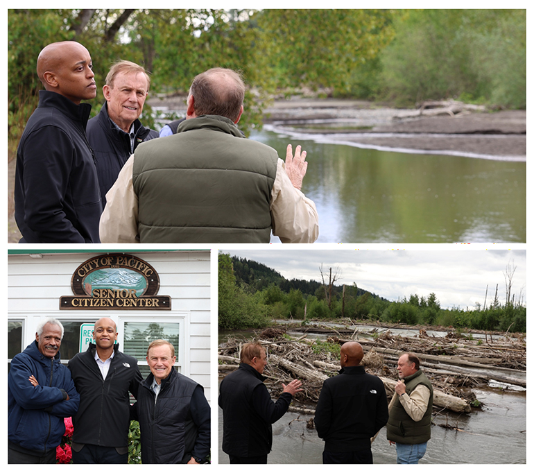 A collage of 3 images with County Executive Zahilay, Councilmember von Reichbauer, and Mayor Kave discussing water levels & debris in the White River.