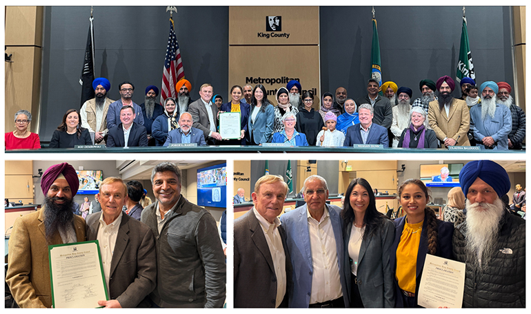 A group of people pose for photos at the King County Council Chambers for the Proclamation of Vaisakhi Day.