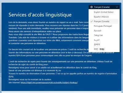 The language access request form has a drop-down menu to choose different languages.