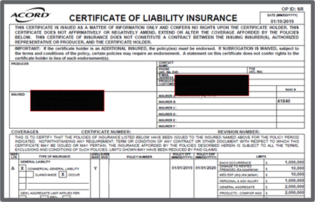 Example Certificate of Insurance