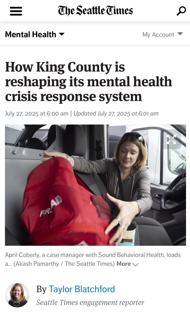 Screenshot of Seattle Times website showing an article titled How King County is reshaping its mental health crisis response system. It includes and image a woman in the front of a car grabbing a red backpack.