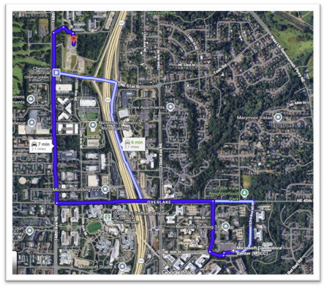 Map showing driving directions between bus parking and Microsoft Conference Center