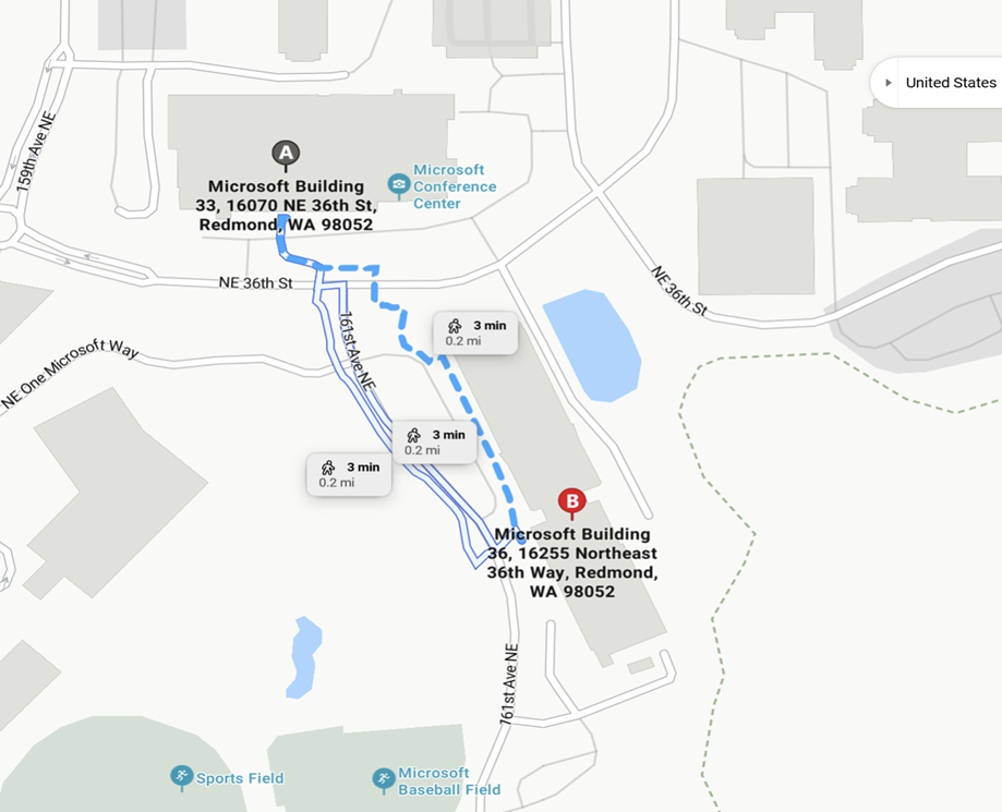 Image is a map showing the footprint of parking areas at Microsoft Conference Center in the Building 33/34 Garage and Building 36 Garage, and the walking route from Building 36 to Building 33, Microsoft Conference Center.