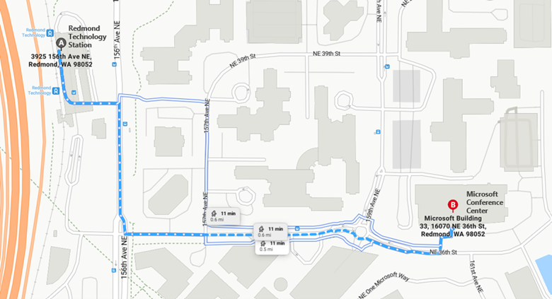 Image is a walking map between Redmond Technology Station (RTS) and Microsoft Conference Center at Building 33. The directions are described in the body of the text
