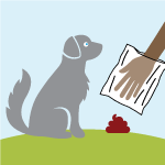 Illustration of a dog with her owner picking up pet waste with a bag